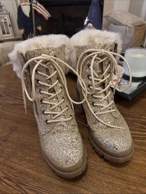 Very G Gold Glitter Faux-Fur Lace-Up Combat Boots